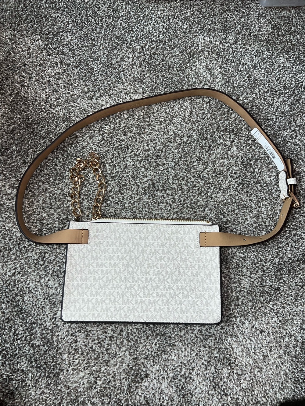 Michael Kors White Signature Fanny Pack Bag with Tan Strap